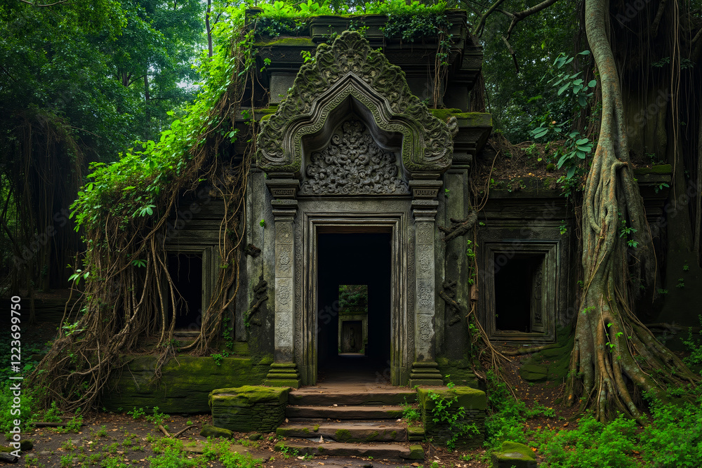 A stone building surrounded by trees and plants A stone building surrounded by trees and plants