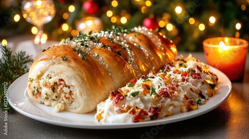 Festive stuffed bread with creamy side, Christmas lights background; holiday recipe photo