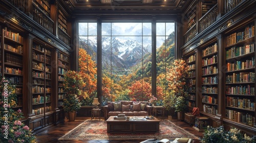 Mountains and trees bookshelf background with windows for a virtual retirement study room, suitable for webinar online video calls and presentation teams meetings, scenic home office backdrop