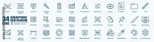 Graphic Design line icon set. Containing web design, tools, illustration, portfolio, website, curves, sketch, designer, print and more. Solid icons template vector collection.