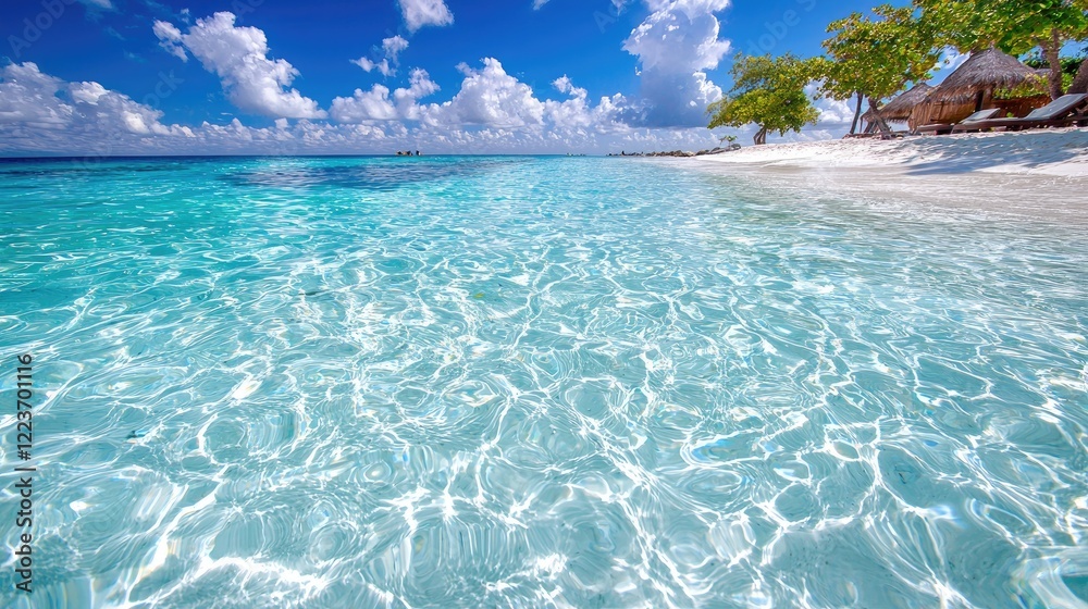 Fototapeta premium Tropical beach paradise Clear water, white sand, palm trees, and thatched huts. Perfect for travel brochures