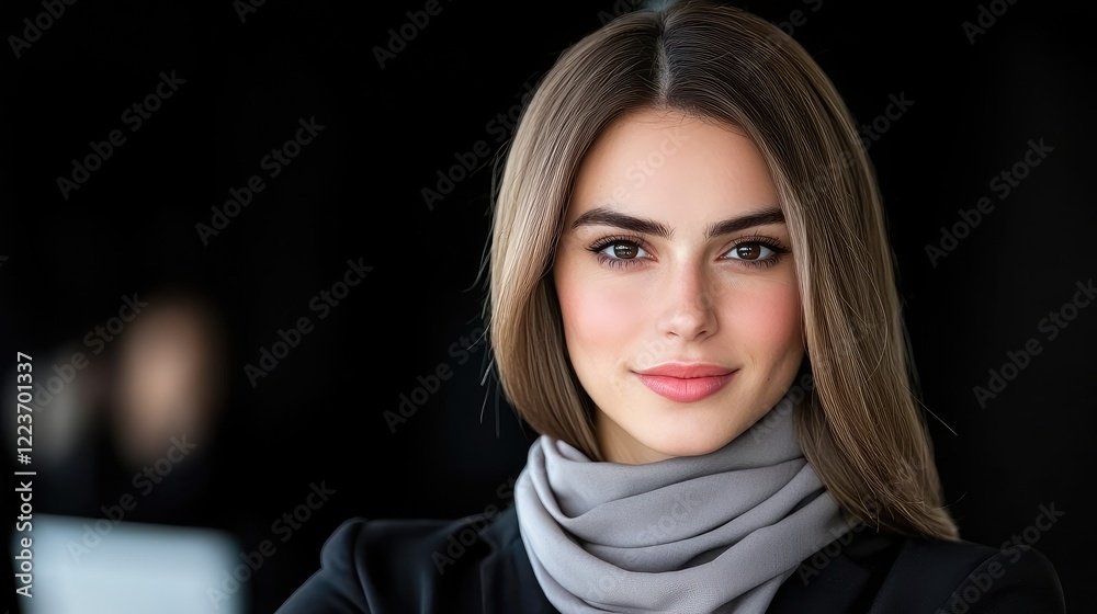 Fototapeta premium Confident young businesswoman wearing a grey scarf and black blazer poses for a professional portrait in a modern office setting.