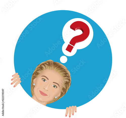 Curios mature woman looking out from a hole, question mark over her head. Vector illustration.