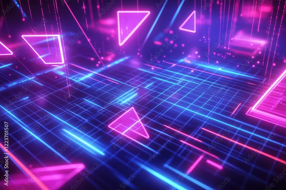 A neon colored background with a lot of triangles and squares. The colors are bright and the shapes are geometric A neon colored background with a lot of triangles and squares. The colors are bright and the shapes are geometric
