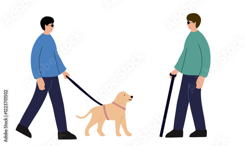 Two blind man and assistance guide dog walking outside 