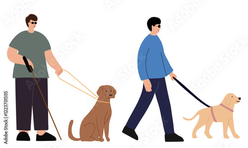 Two blind man with their assistance guide dog walking outside 