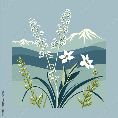 Vector floral landscape illustration with mountains and flowers in pastel colors