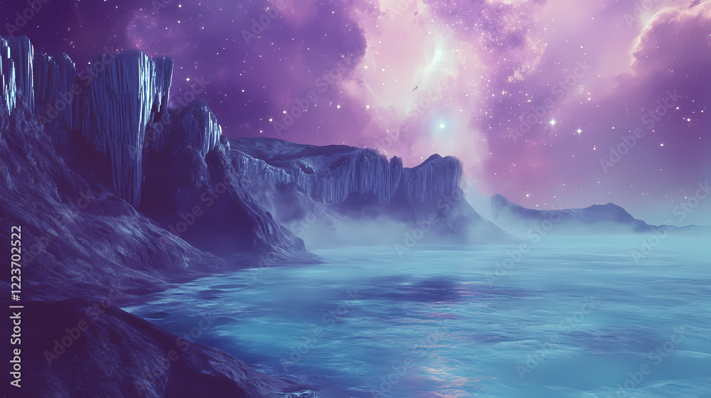 Naklejka premium A cosmic landscape of crystallized cliffs and a blue lagoon. Starry Lagoon. Illustration
