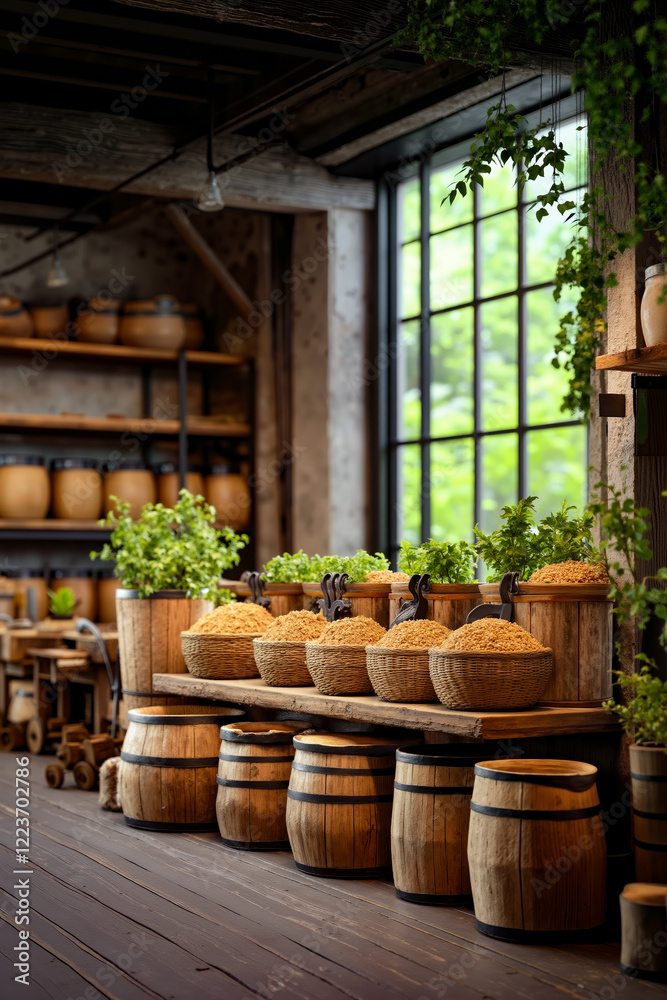 A row of wooden barrels filled with different types of food A row of wooden barrels filled with different types of food