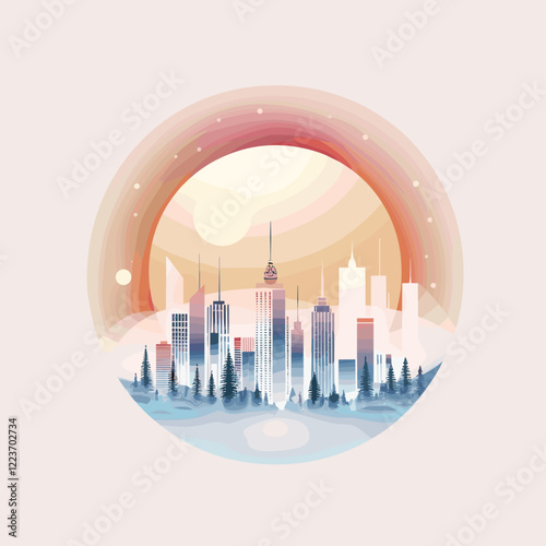 Stylized cityscape with tall buildings and trees against a circular sunset background