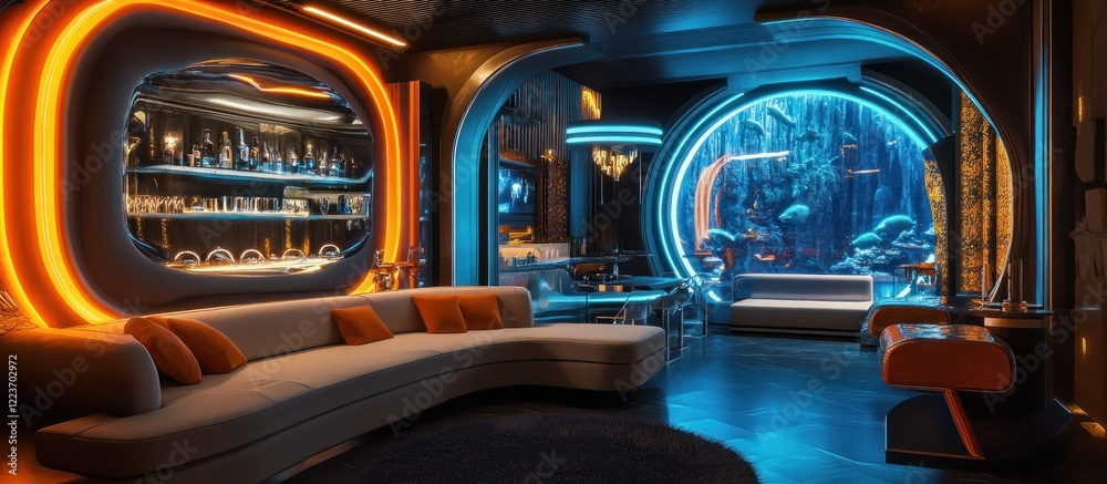 Fototapeta premium Futuristic Lounge: Neon Lights and Underwater Views