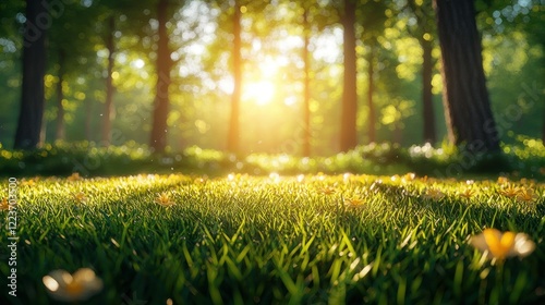 Sunrise Forest Meadow, Lush Green Grass, Sunlight