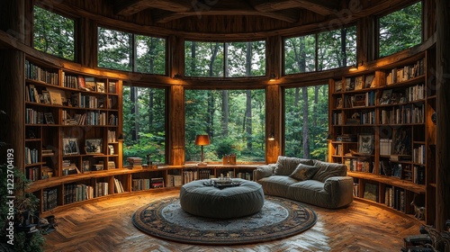 Interior home office library study with a picturesque bookshelf background and a view of trees and hills through the window. The room is filled with rustic wood bookshelves, creating a warm and