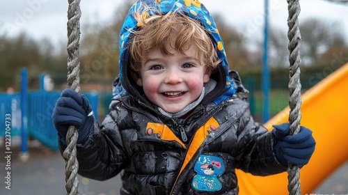 Happy toddler swinging at playground, winter day