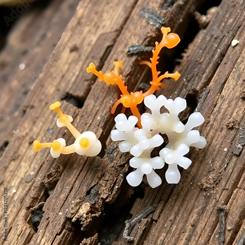 Orange Trichia scabra and white Trichia varia, two slime mold species developing sporangia on decaying wood, no common English names photo