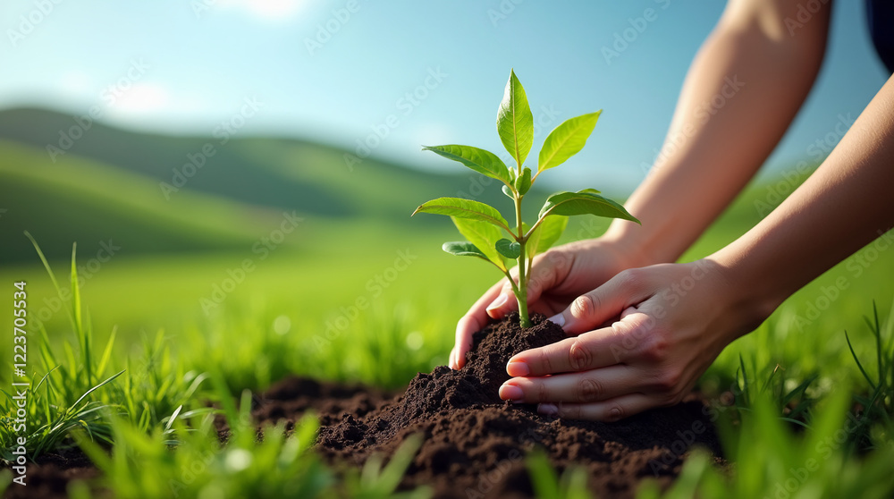 Fototapeta premium Person Gently Planting a Seedling in the Ground