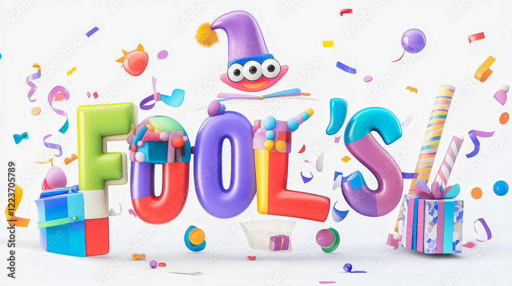 Fototapeta premium Fools is a colorful and playful word that is surrounded by various shapes