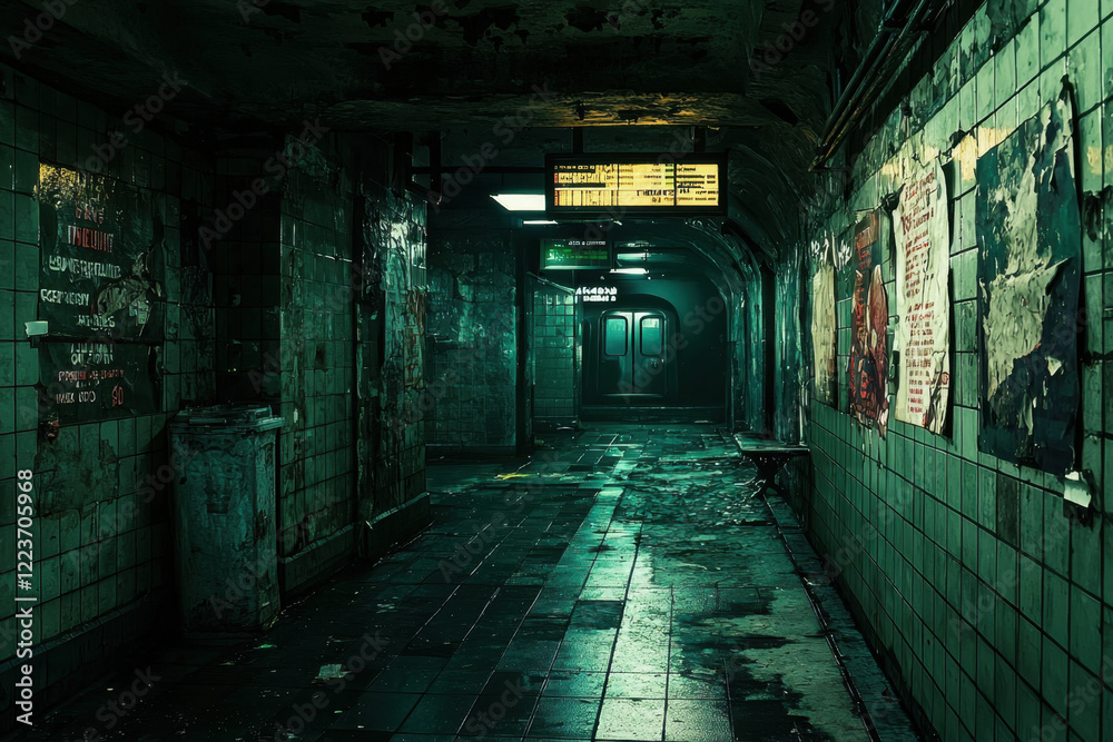 A mysterious and eerie subway tunnel with flickering lights and a damp atmosphere. A mysterious and eerie subway tunnel with flickering lights and a damp atmosphere.