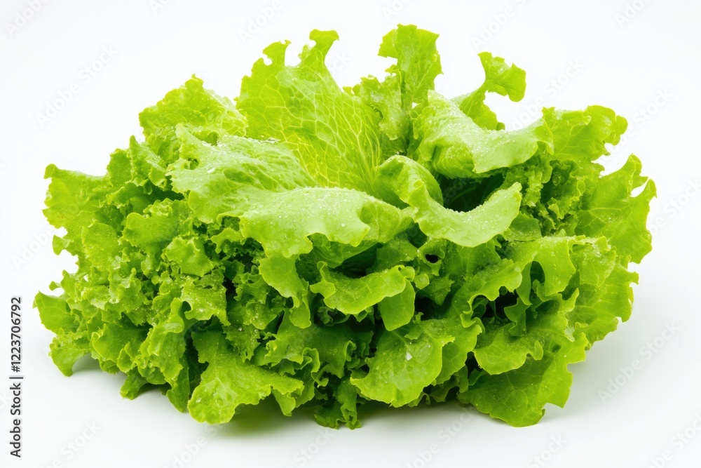 A head of lettuce is sitting on a white background. The lettuce is fresh and green, and it looks like it's ready to be eaten A head of lettuce is sitting on a white background. The lettuce is fresh and green, and it looks like it's ready to be eaten