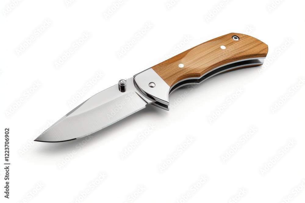 A sleek folding knife with a wooden handle reflecting natural light in a minimalist setting isolated on transparent background A sleek folding knife with a wooden handle reflecting natural light in a minimalist setting isolated on transparent background