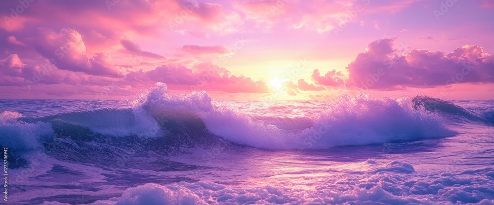 Ocean waves crashing at sunset, pink sky, peaceful background. Ideal for travel, relaxation