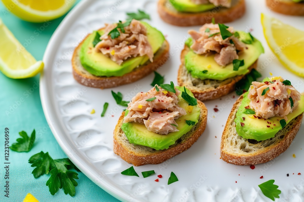 vibrant and colorful composition featuring mini toasts topped with creamy avocado slices, flaked canned tuna, and a glistening splash of fresh lemon juice vibrant and colorful composition featuring mini toasts topped with creamy avocado slices, flaked canned tuna, and a glistening splash of fresh lemon juice