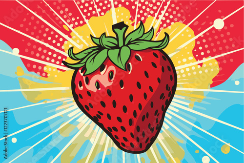 Strawberry pop art style on star burst comic background