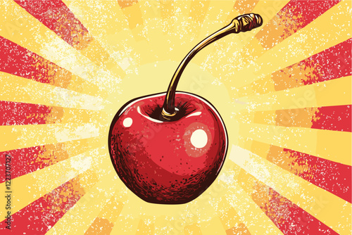 Cherry fruit pop art style on star burst comic background