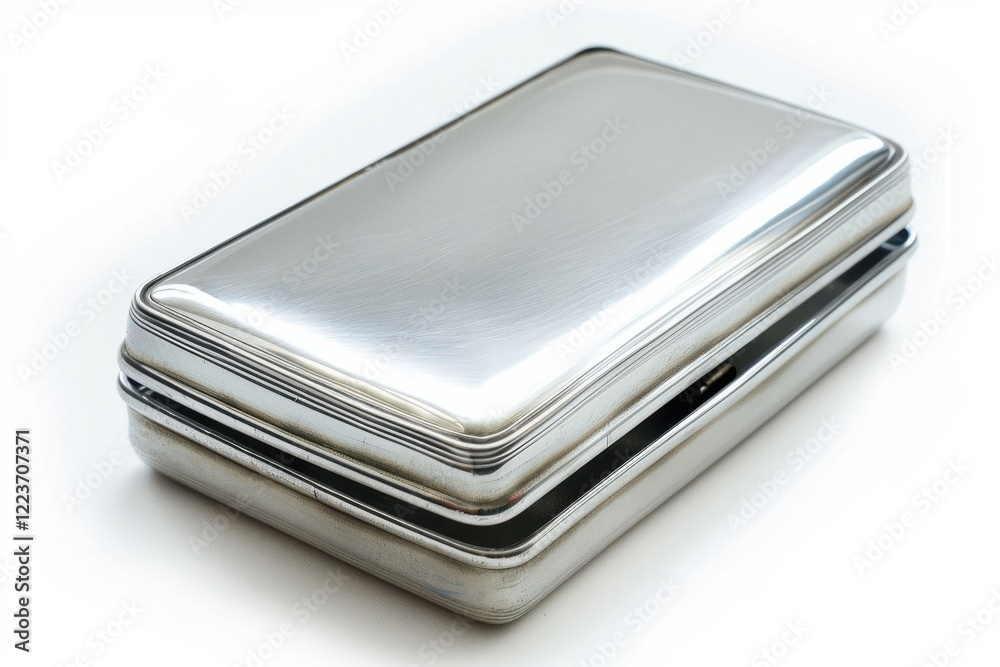 A shiny silver rectangular tin box resting on a white background, reflecting light with elegant simplicity and charm isolated on transparent background A shiny silver rectangular tin box resting on a white background, reflecting light with elegant simplicity and charm isolated on transparent background