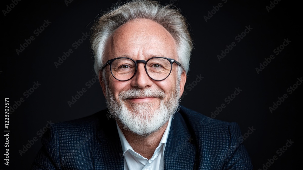 Smiling senior man portrait, dark background, professional headshot, corporate website use