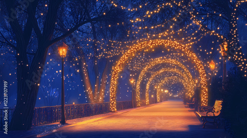 Festive park pathway, starlit arches, evening. Starlit Arch. Illustration photo