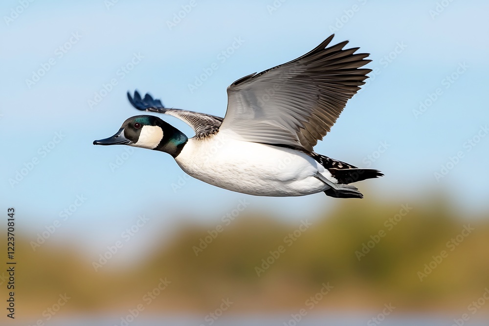 Bucephala albeola in flight, wetland background, nature photography, wildlife Bucephala albeola in flight, wetland background, nature photography, wildlife