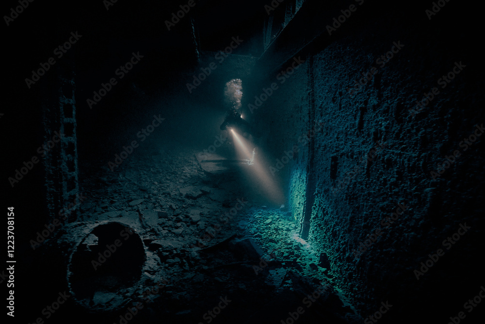 Mysterious underwater view inside the ship wreck of SS Thistlegorm - British cargo steamship sunk by German bomber in the Red Sea, near Sharm El Sheikh, Egypt. Underwater photography and travel