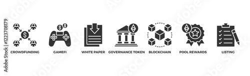 IGO banner web icon vector illustration concept of initial game offering with icon of crowdfunding, gamefi, white paper, governance token, blockchain, pool rewards and listing	