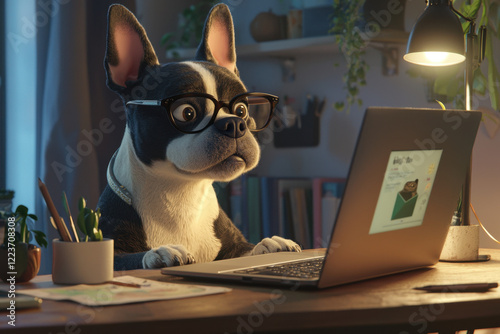 A sophisticated bulldog in glasses sitting at a desk, attentively analyzing a laptop screen. photo