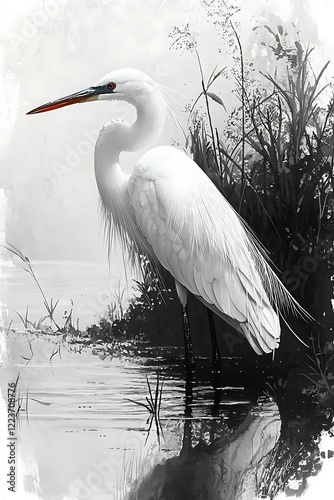 Illustration a patient heron fishing at the water's edge, completely still but for the occasional blink
