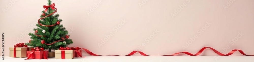 Simple green Christmas tree with red ribbons and bows, gift wrapping, holiday colors, light background Simple green Christmas tree with red ribbons and bows, gift wrapping, holiday colors, light background