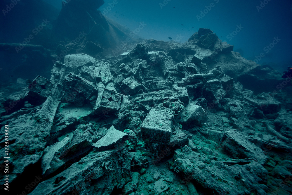 WWII truck inside the ship wreck of SS Thistlegorm - British cargo steamship sunk by German bomber aircraft in the Red Sea in 1941 near Sharm El Sheikh, Egypt. Underwater photography and travel