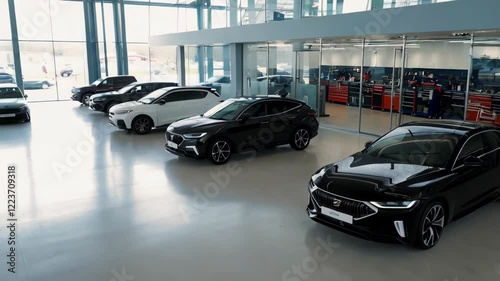 Sleek cars in modern showroom with panoramic glass windows and natural lighting