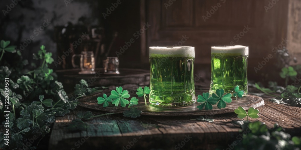 Naklejka premium Two green glasses of beer on a wooden table with green leaves on the table. Scene is relaxed and casual