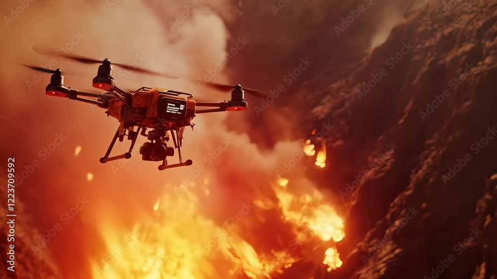High above a raging wildfire, a cutting-edge drone captures the intense flames consuming the dry landscape. Its vital role in firefighting showcases modern solutions to nature's fury High above a raging wildfire, a cutting-edge drone captures the intense flames consuming the dry landscape. Its vital role in firefighting showcases modern solutions to nature's fury