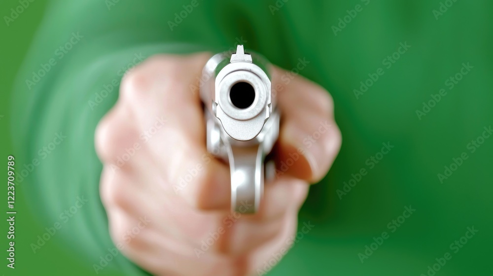 Person points gun, close-up, green background, danger Person points gun, close-up, green background, danger
