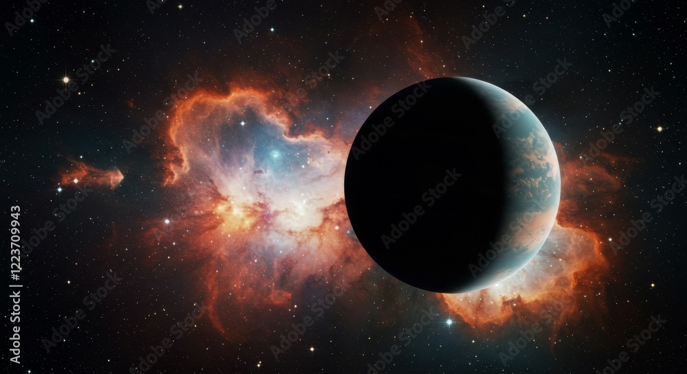 Obraz premium The ethereal beauty of a crescent planet nestled within a colorful, dynamic nebula.