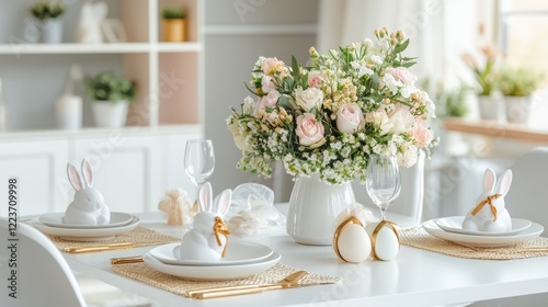 Festive Easter brunch table setting with pastel decor and floral centerpiece