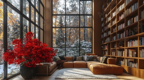 Christmas bookshelf background in an interior home library and study, set in a virtual room with a window view of forest trees. Decorated with fall and winter snow, and poinsettia holiday flowers.