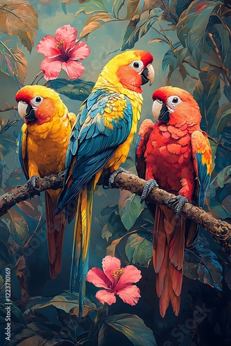 Illustration a group colorful parrots perched on a tropical branch, chattering away