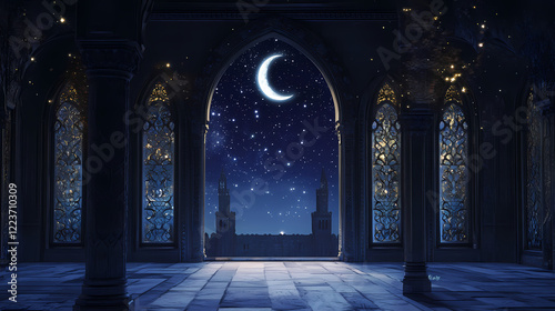 Night scene of ornate archway with crescent moon and starlit sky, viewed from inside a building with intricate windows. Starlit Arch. Illustration