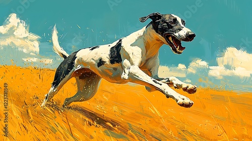Illustration a greyhound racing across an open field, its lean body a picture speed and grace