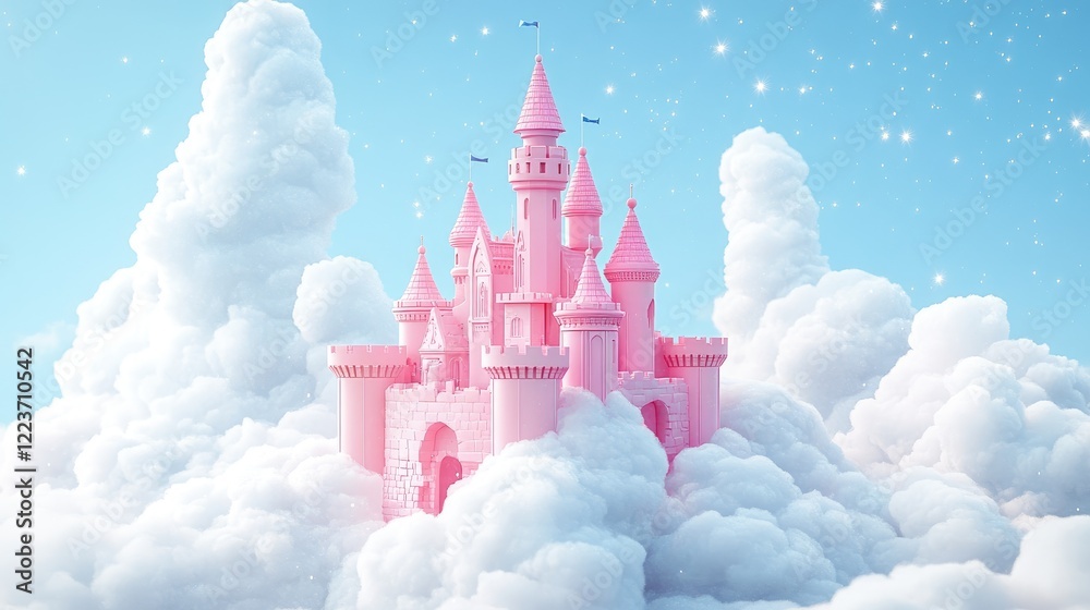 Pink castle floats on clouds, dreamy sky, fairytale scene, children's book illustration Pink castle floats on clouds, dreamy sky, fairytale scene, children's book illustration