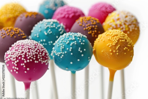 Colorful cake pops arranged artistically for a festive celebration, showcasing vibrant sprinkles and delightful flavors at a joyful gathering isolated on transparent background photo